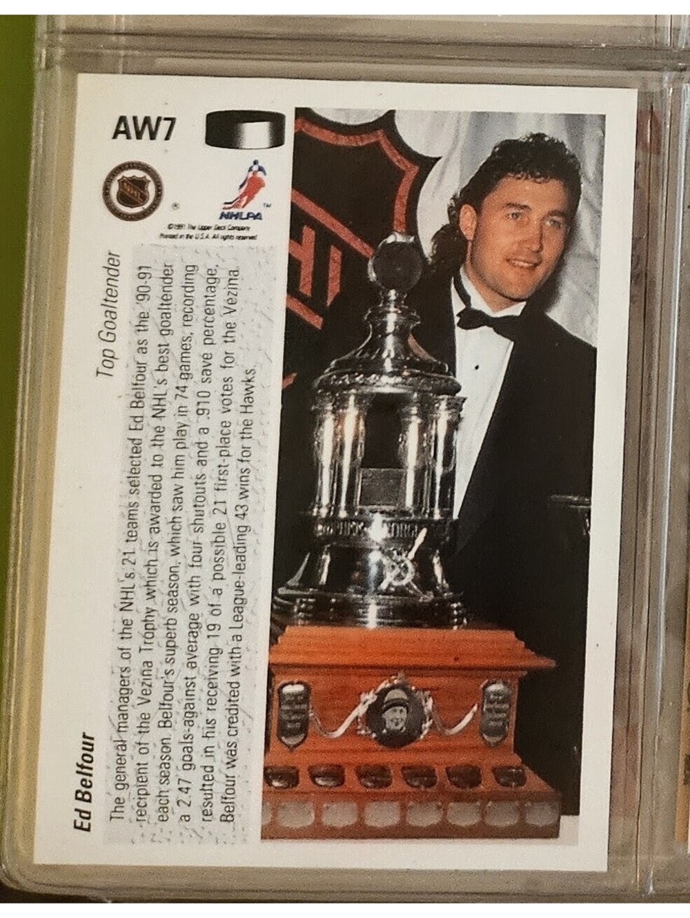 1991 Upper Deck Ed Belfour HOLOGRAM top goaltender AWARD WINNER #AW7 -NHL Hockey